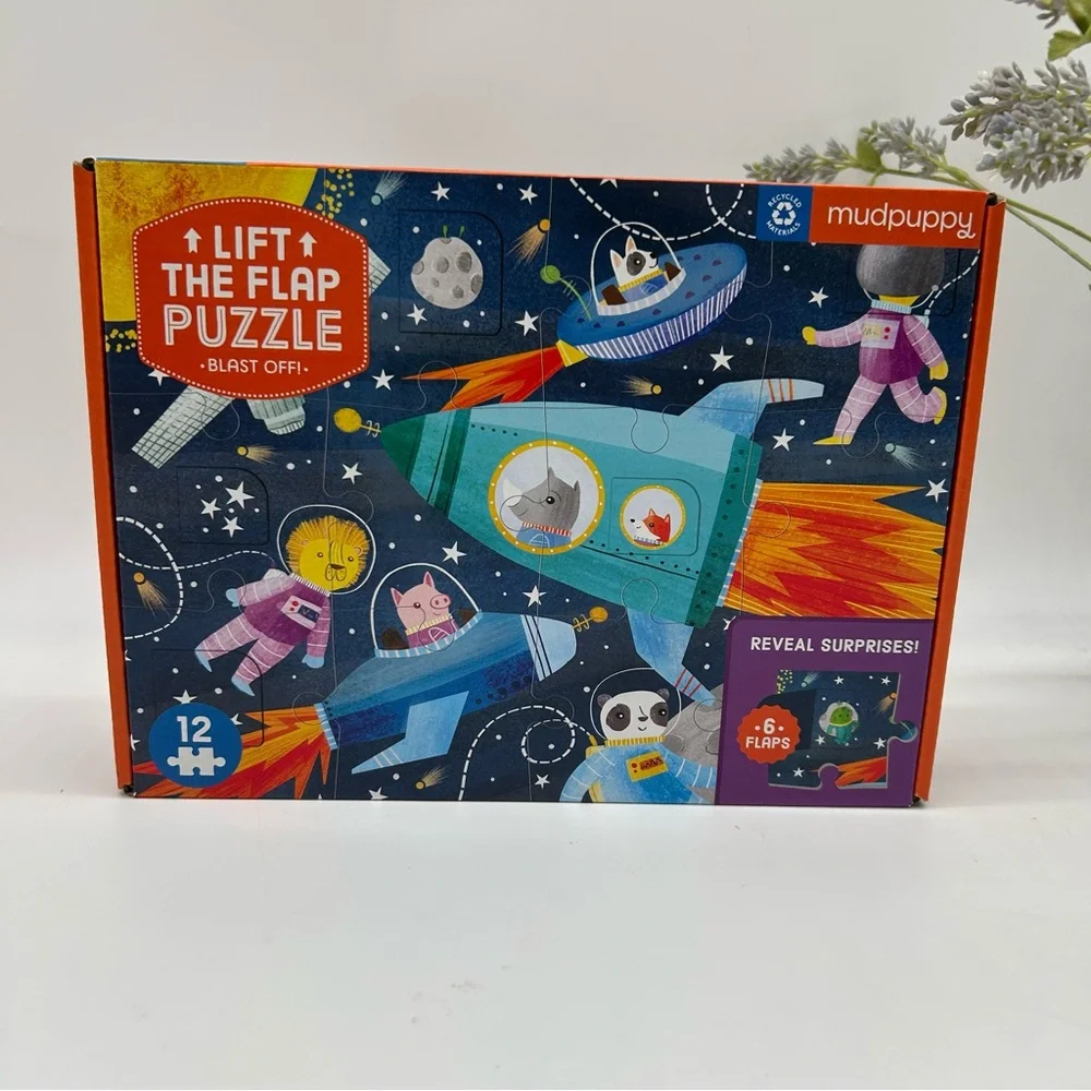 Mudpuppy lift the flap space theme puzzle-blast off 6 flaps 12 pieces puzzle NEW